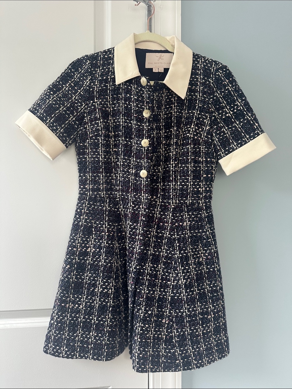 NWOT Gal Meets Glam Navy and Cream Tweed A-Line Dress Size 2
